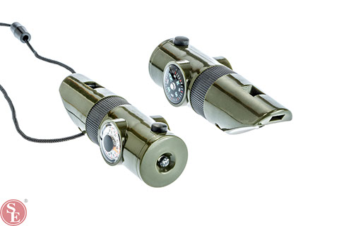 5 in 1 survival tool whistle, compass thermometer flashlight camping hunting fishing outdoors recreation accessories product photograph photo