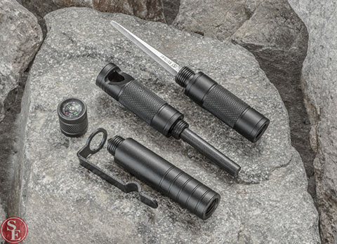 5 in 1 survival tool whistle, compass thermometer flashlight camping hunting fishing outdoors recreation accessories product photograph photo